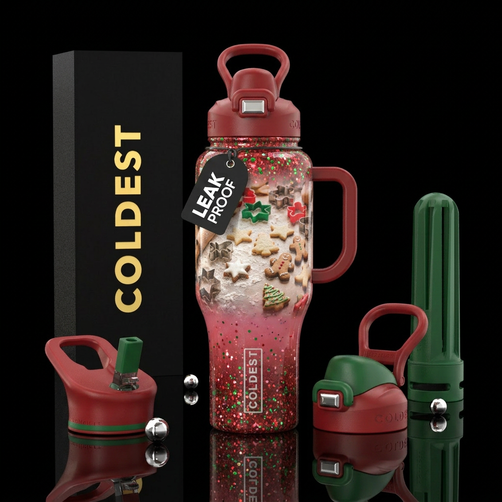 Red bottle, glitter, christmas cookies baking, flo... water bottle design