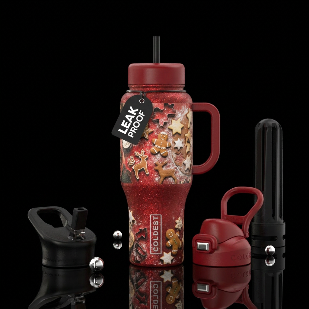 Red bottle, glitter, christmas cookies baking, flo... water bottle design