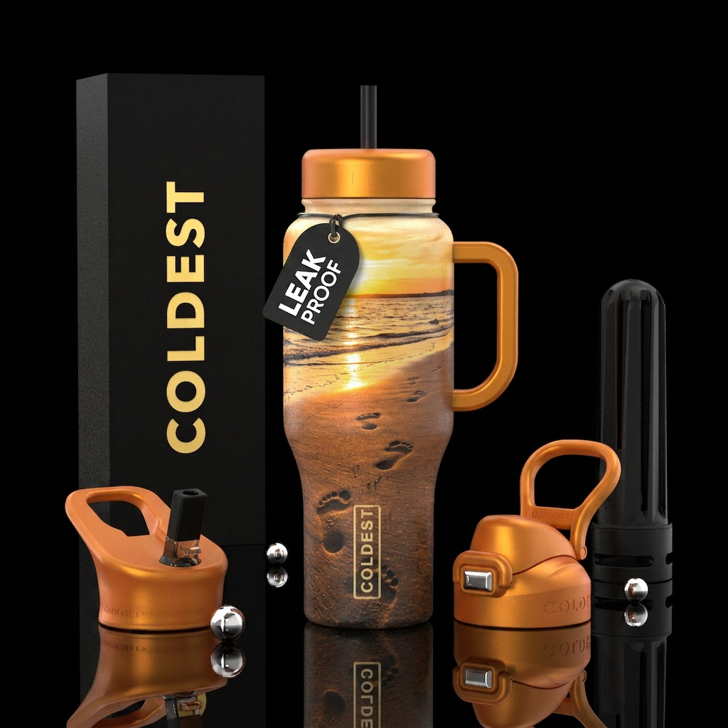Footprints on the seashore sunset water bottle design
