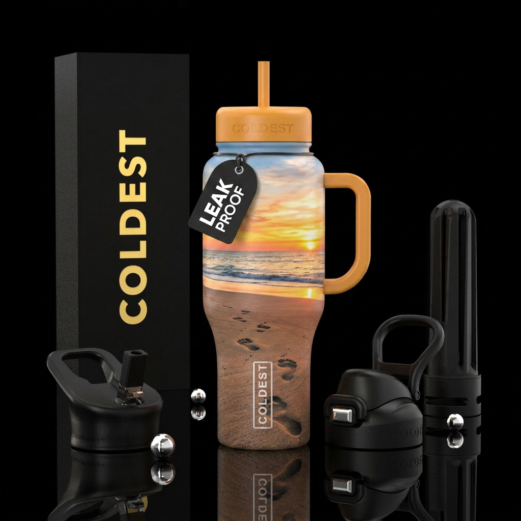 Footprints on the seashore sunset water bottle design