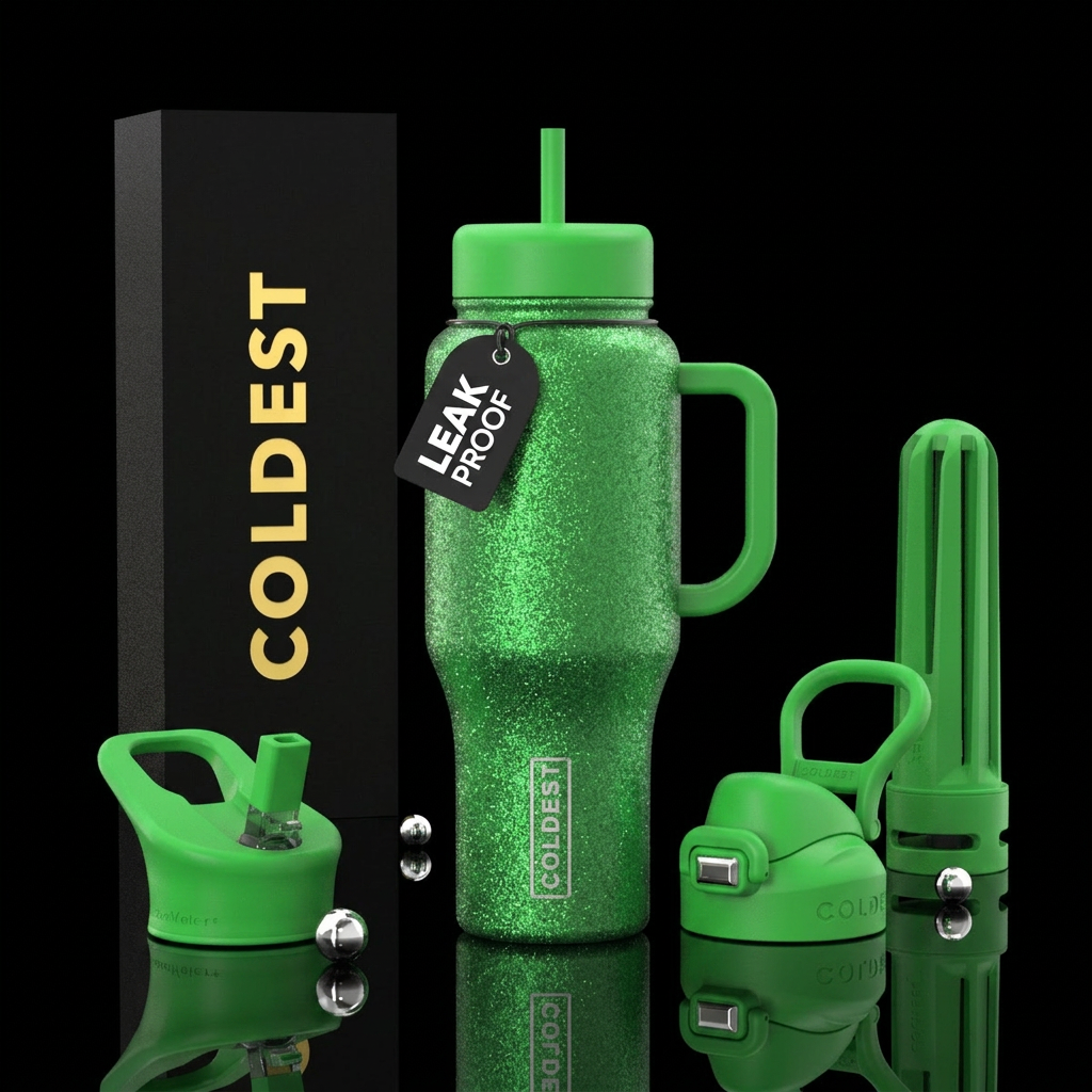 Green glittery cup water bottle design