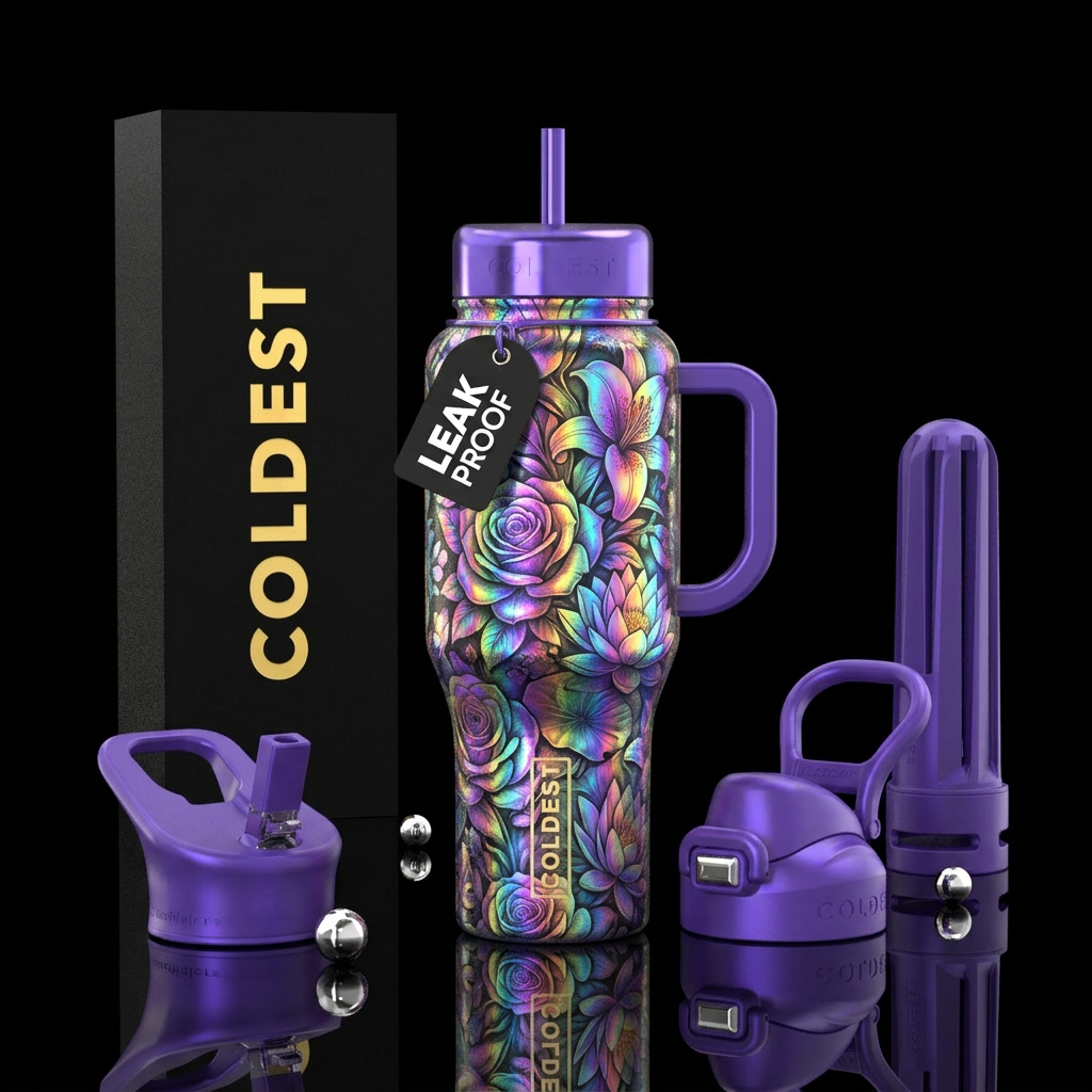 Holographic floral water bottle design