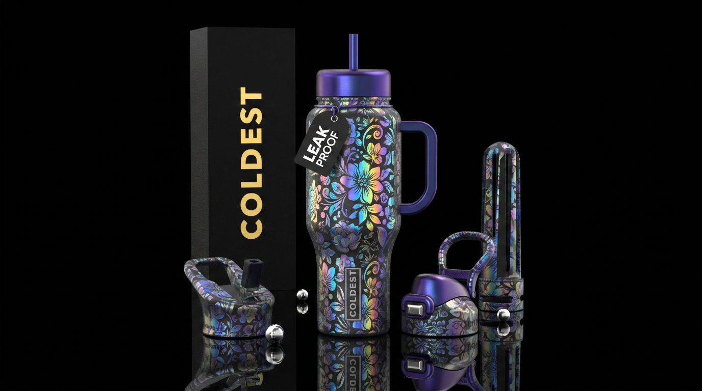 Holographic floral water bottle design