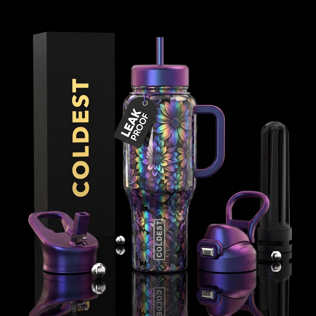 Holographic floral water bottle design