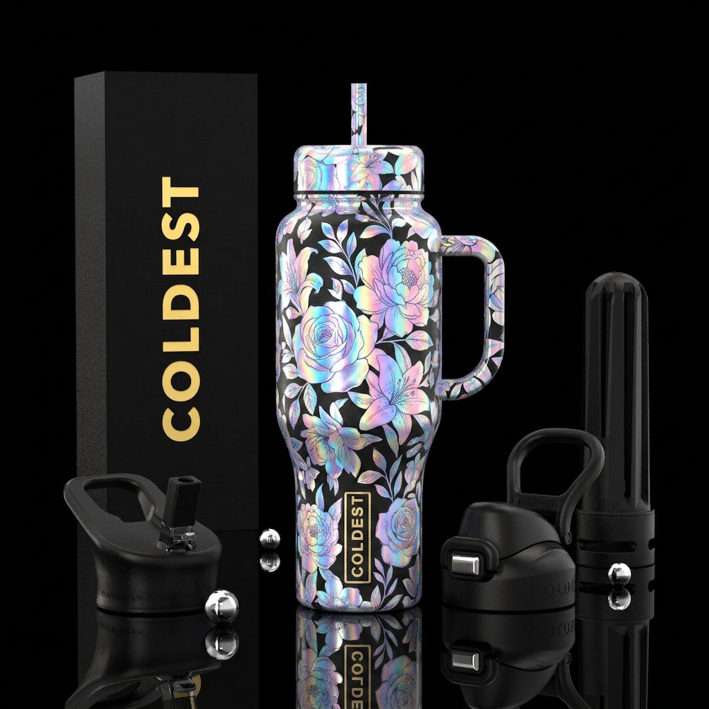 Holographic floral water bottle design