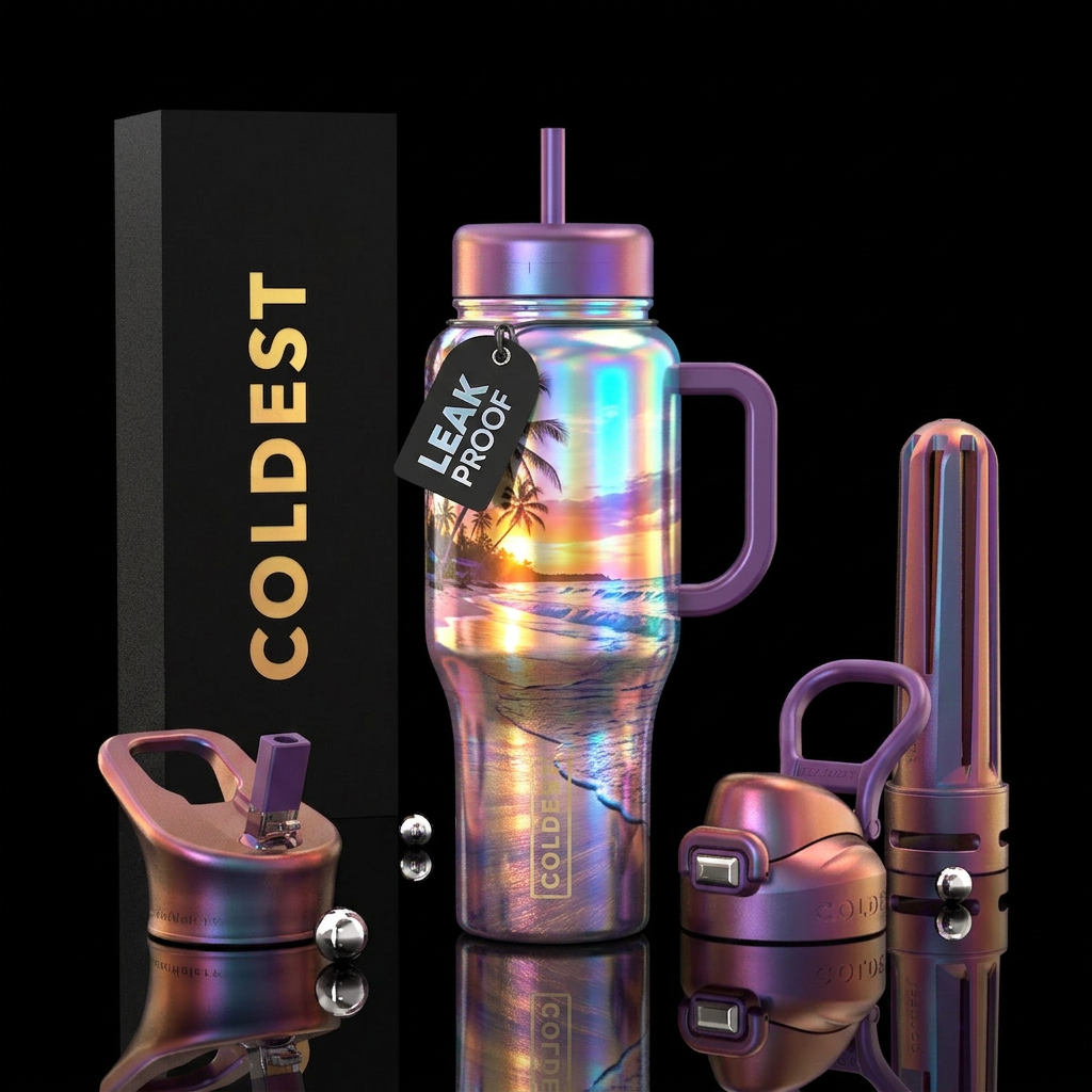 Holographic sunset beach water bottle design