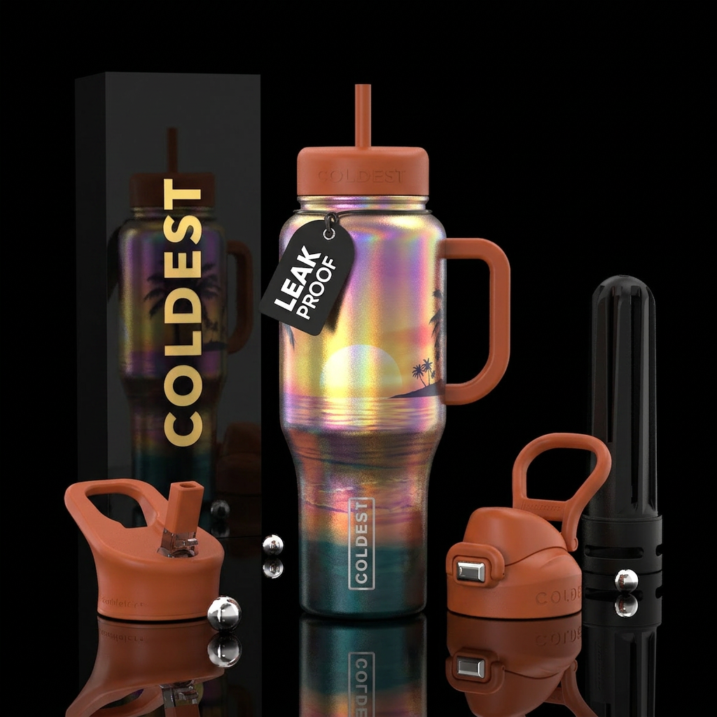 Holographic sunset beach water bottle design