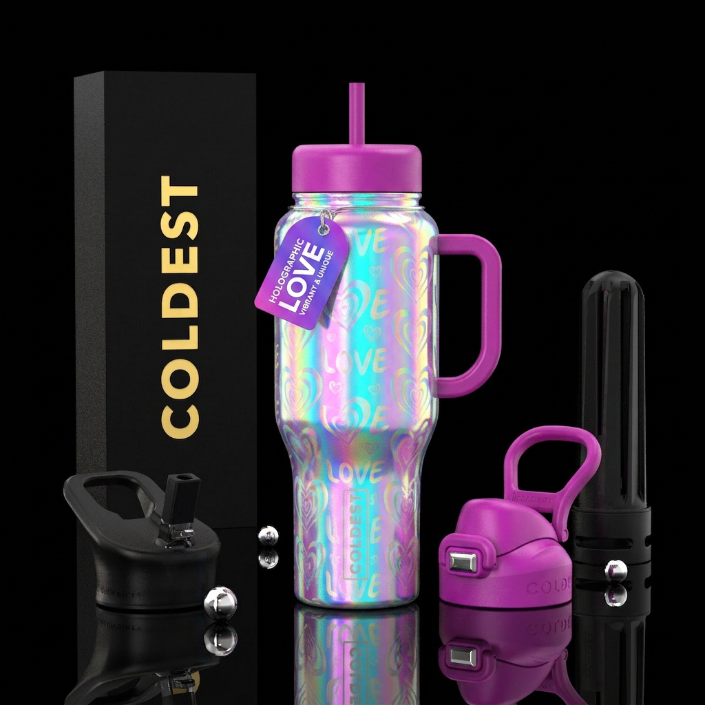 Holographic love water bottle design