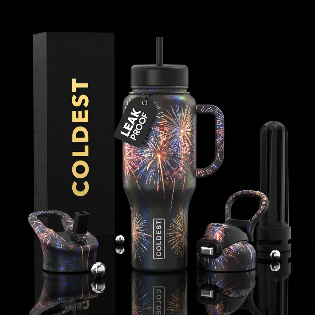 Holographic 4th of July fireworks on a matte black... water bottle design