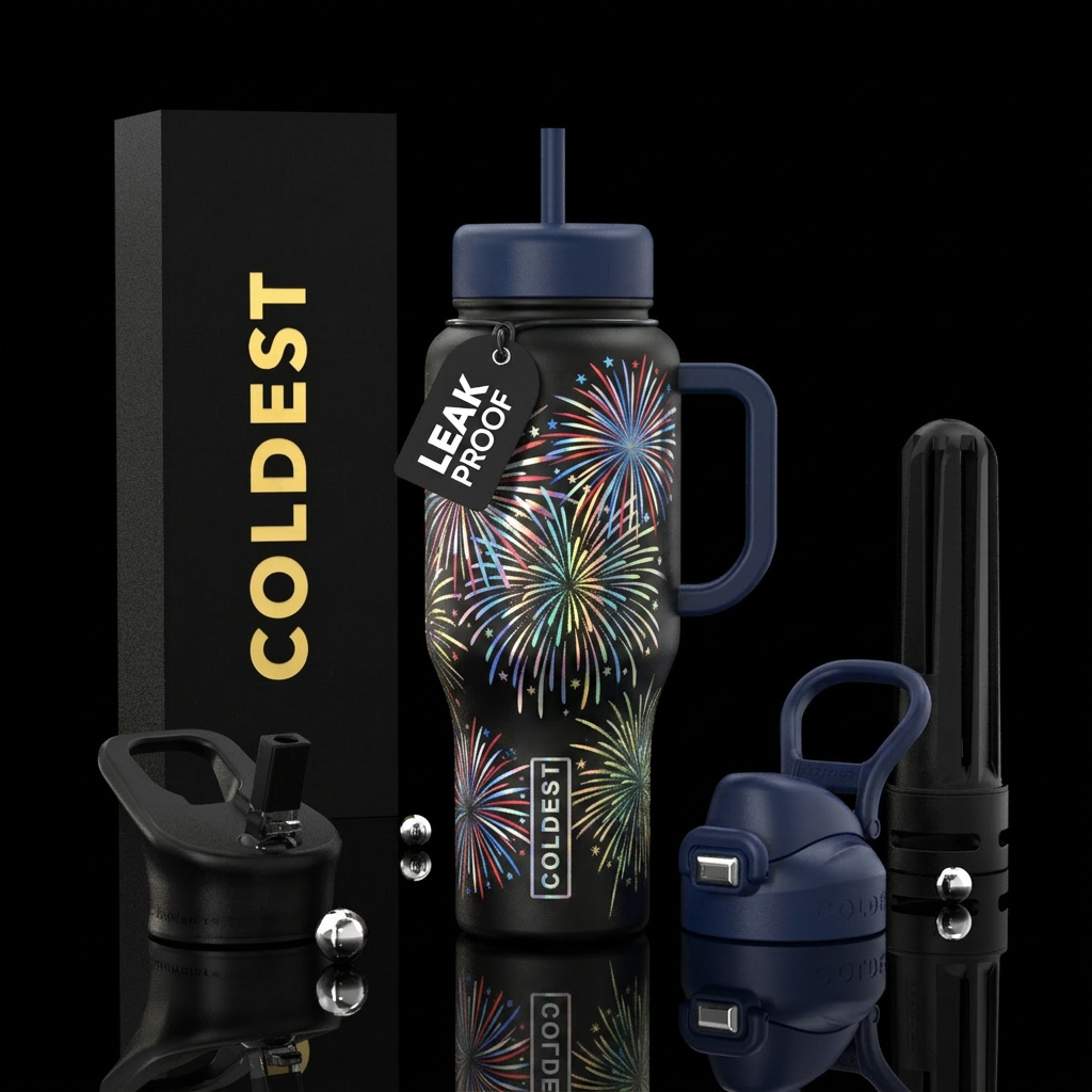 Holographic 4th of July fireworks on a matte black... water bottle design