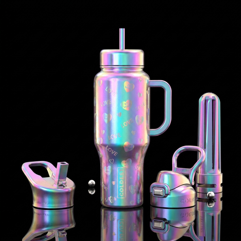 Holographic love valentines day water bottle design