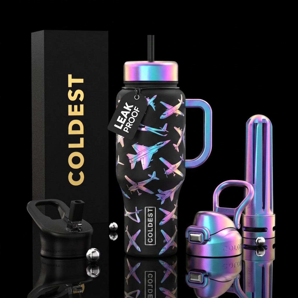 Holographic airplanes water bottle design