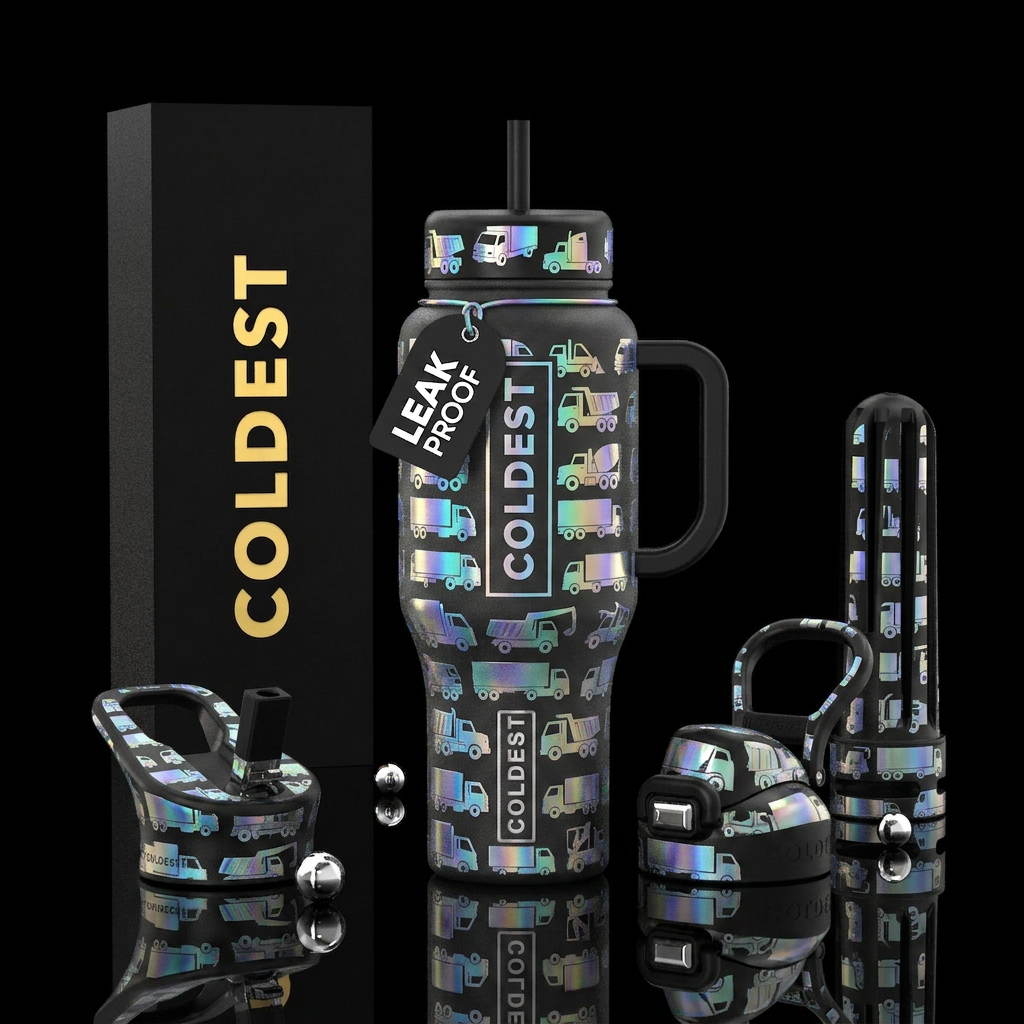 Holographic trucks water bottle design