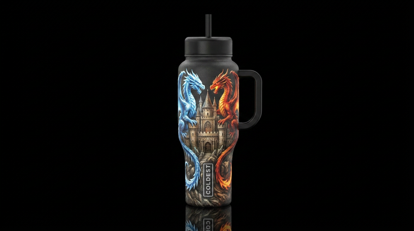 Ice dragon and fire dragon Guardingcastle water bottle design