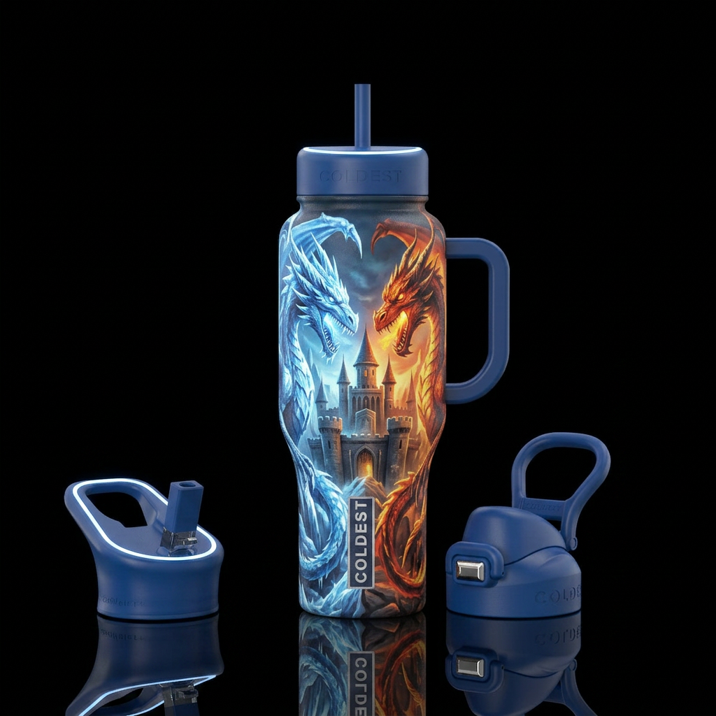 Ice dragon and fire dragon Guardingcastle water bottle design