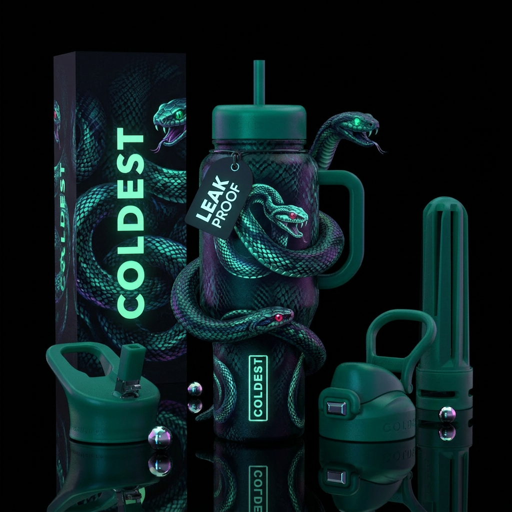 Snake, gem eyes, glow in the dark design water bottle design