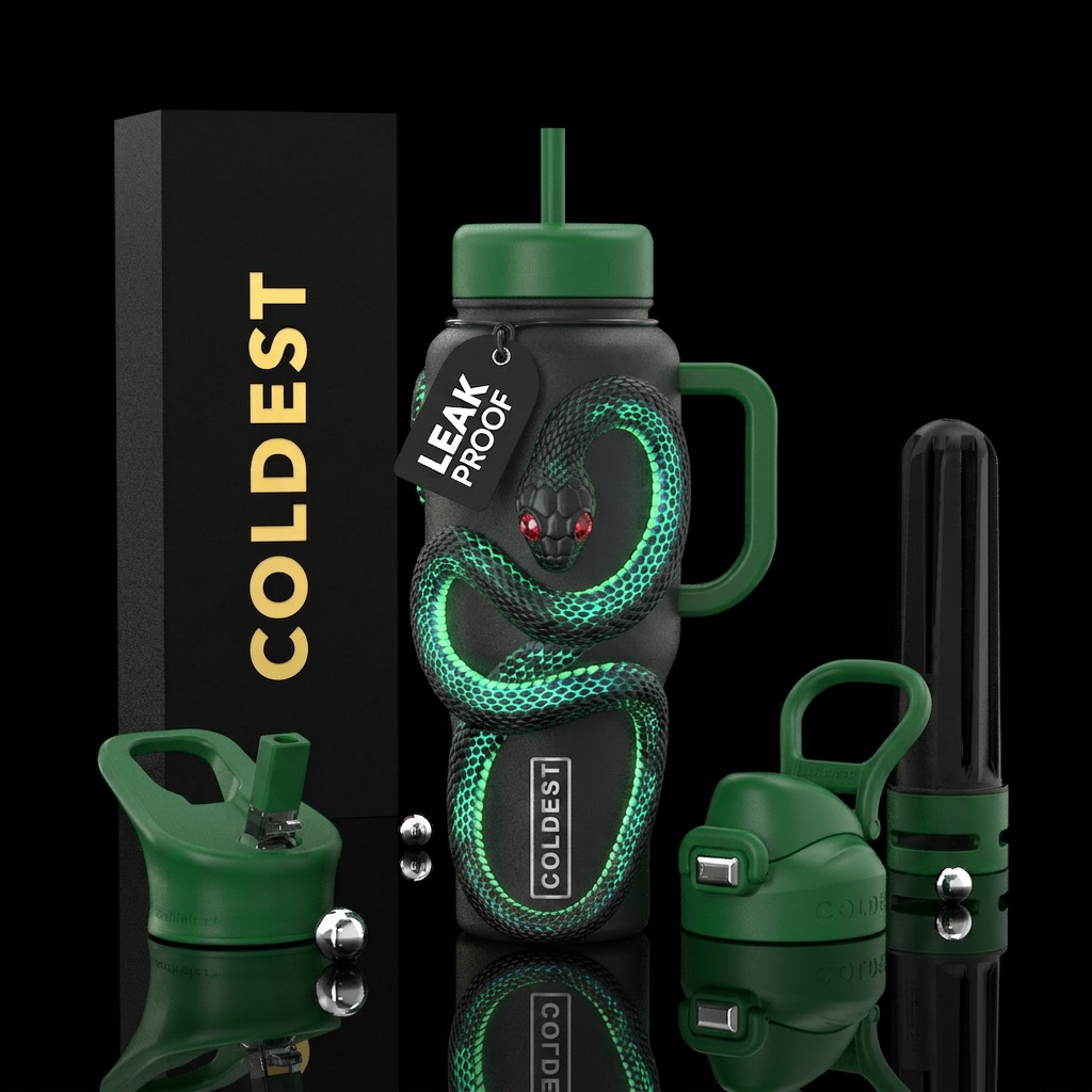 Snake, gem eyes, glow in the dark design water bottle design