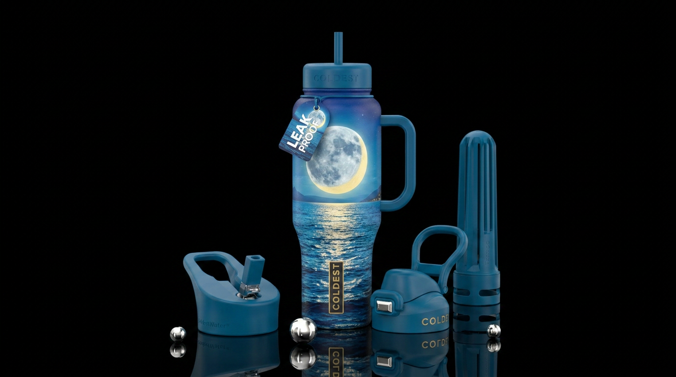 Moonlight on ocean up close big moon water bottle design