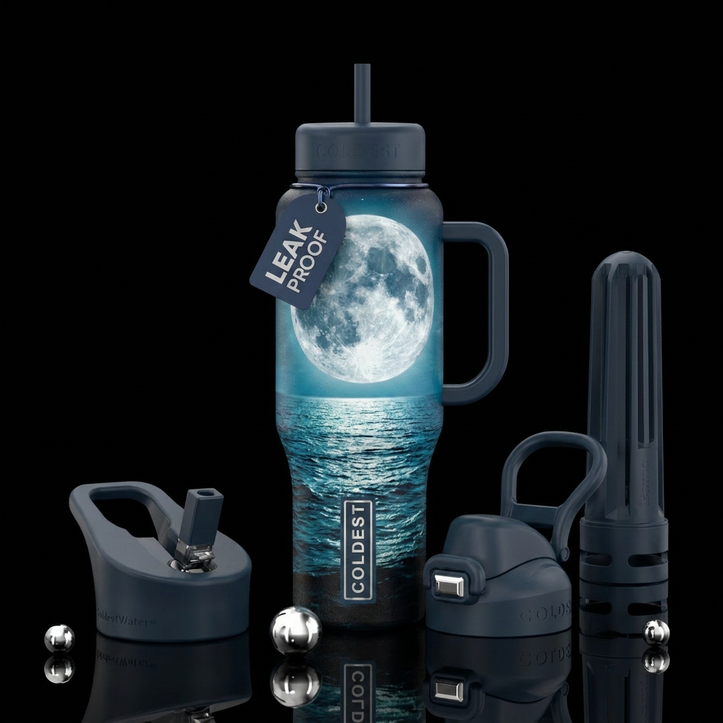 Moonlight on ocean up close big moon water bottle design