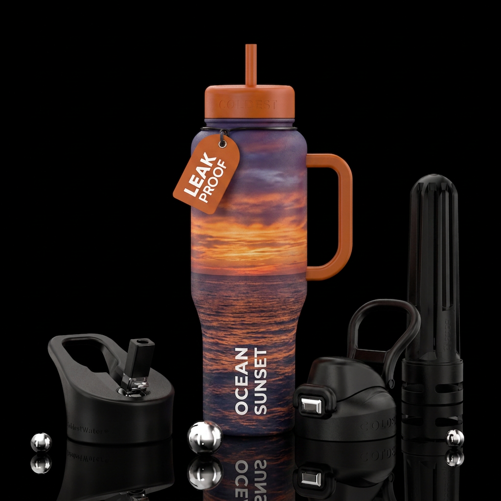 Sunset on the ocean water bottle design