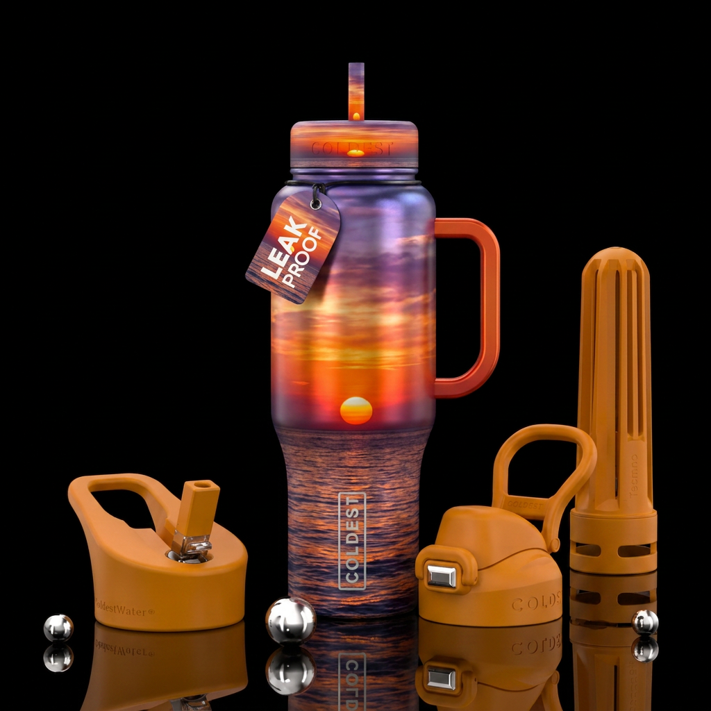 Sunset on the ocean, sun in image touching water water bottle design