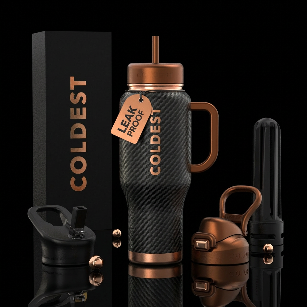 Black carbon fiber with copper or bronze accents water bottle design