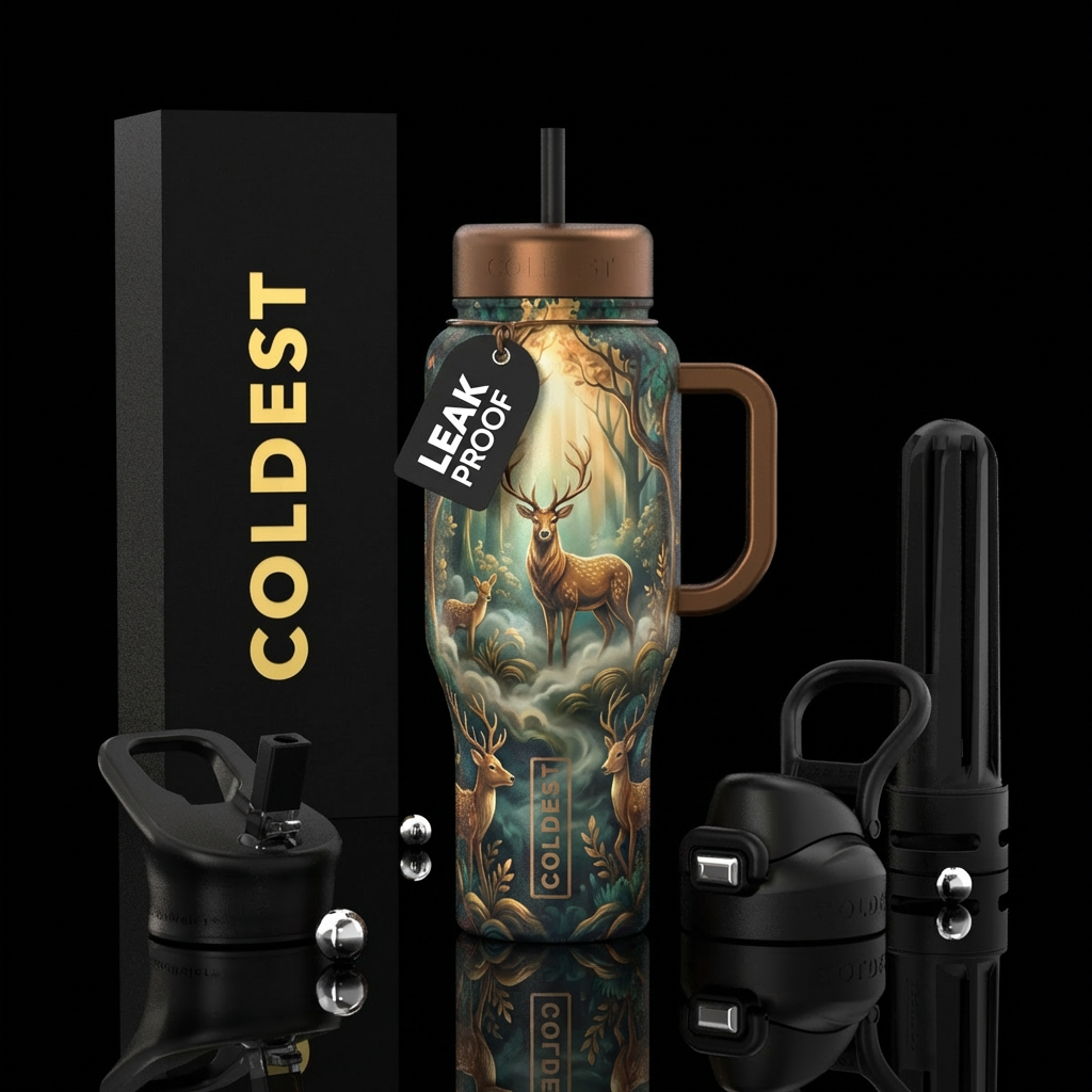 Bronze deer whimsical Forrest fog light peaking th... water bottle design