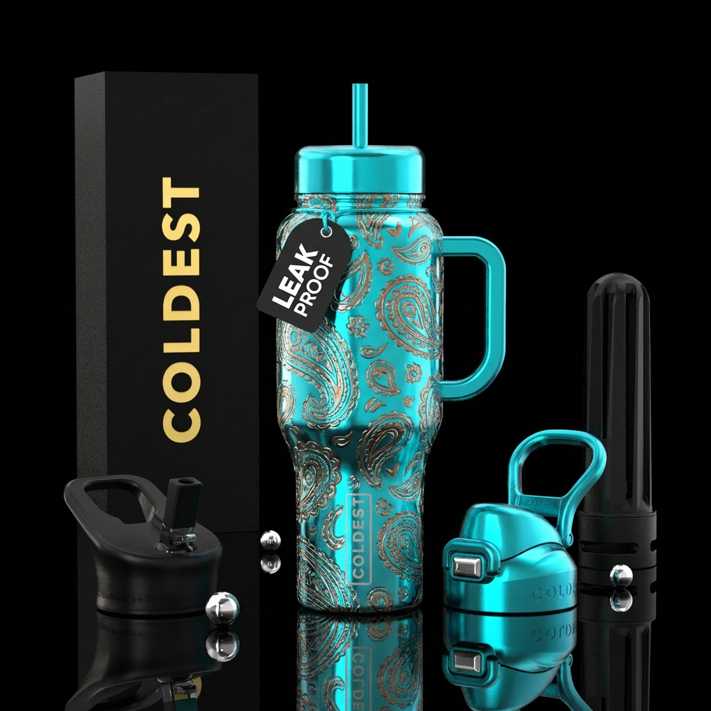 Paisley turquoise bronze bright shiny metallic water bottle design