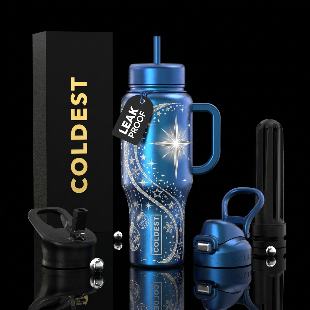 Make me an amazing christmas design with blue and ... water bottle design
