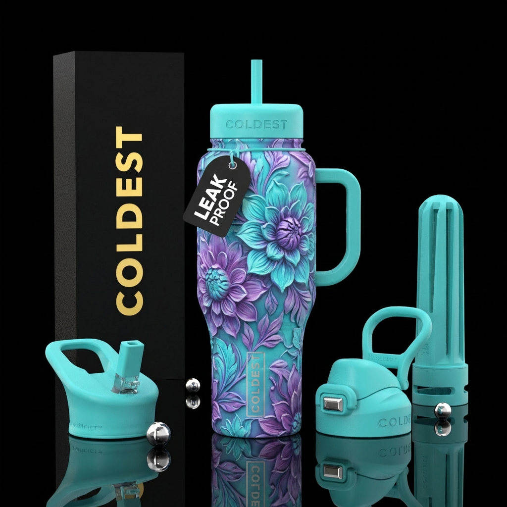 Floral on floral turquoise purples sculpted beauti... water bottle design