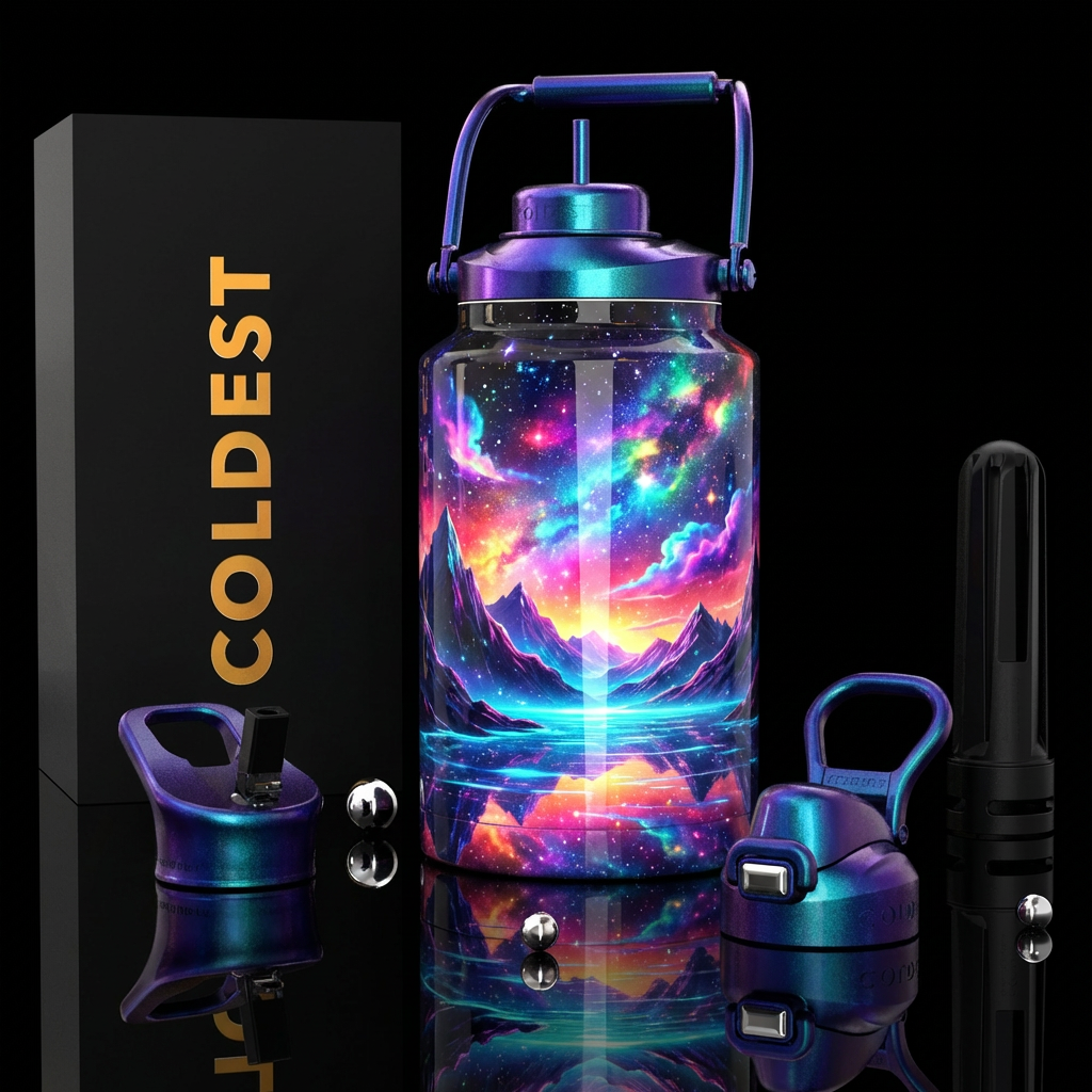 Explosive rainbow galaxy morphing into glowing mou... water bottle design