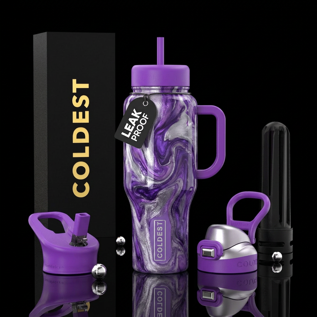 Purple silver vibrant euphoric marbled resin water bottle design