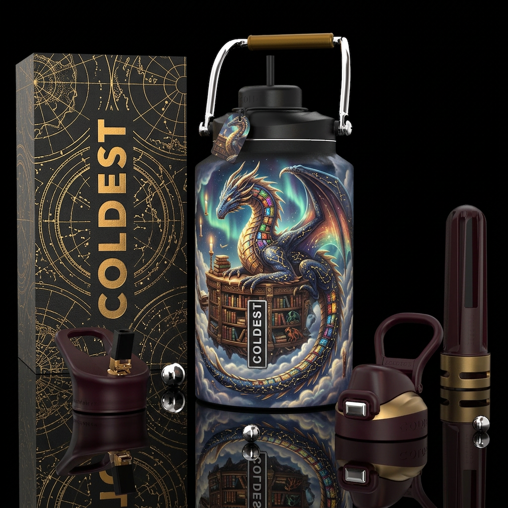 A massive celestial dragon curled around an ancien... water bottle design