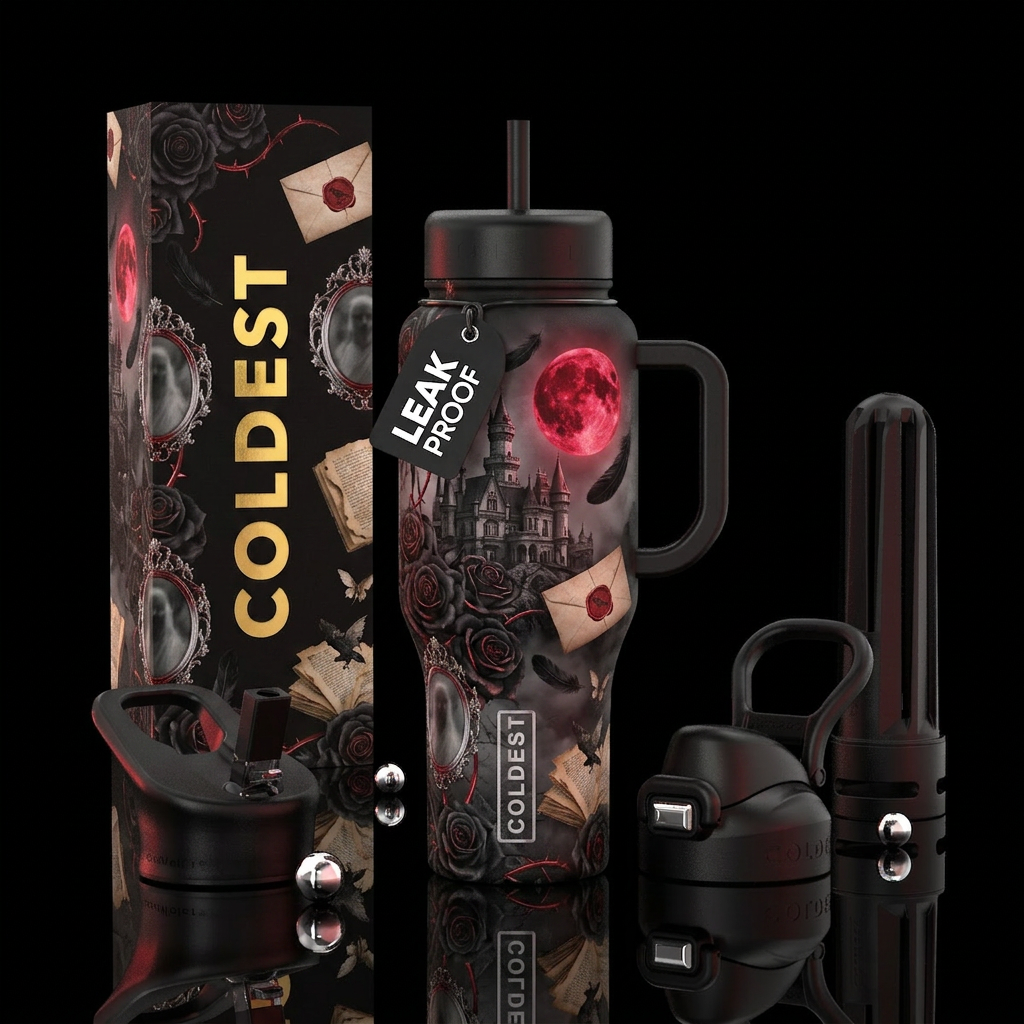 Victorian castle covered in black roses Raven feat... water bottle design