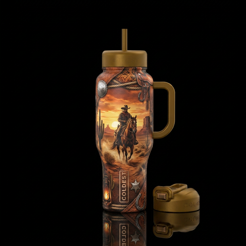 A rugged, award-winning cowboy western tumbler wra... water bottle design