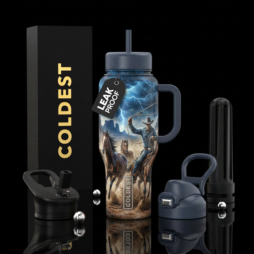 An epic high-action cowboy tumbler showing wild ho... water bottle design