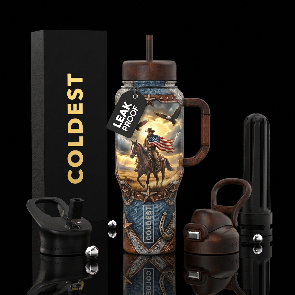 powerful patriotic western tumbler featuring a rug... water bottle design