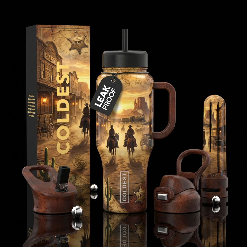 breathtaking old-school western scene inspired by ... water bottle design