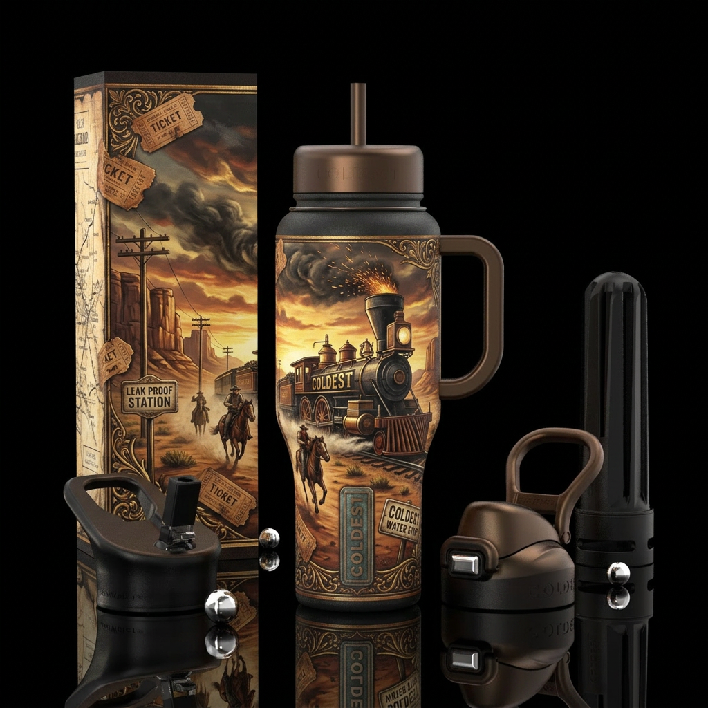 dramatic vintage western tumbler featuring a power... water bottle design