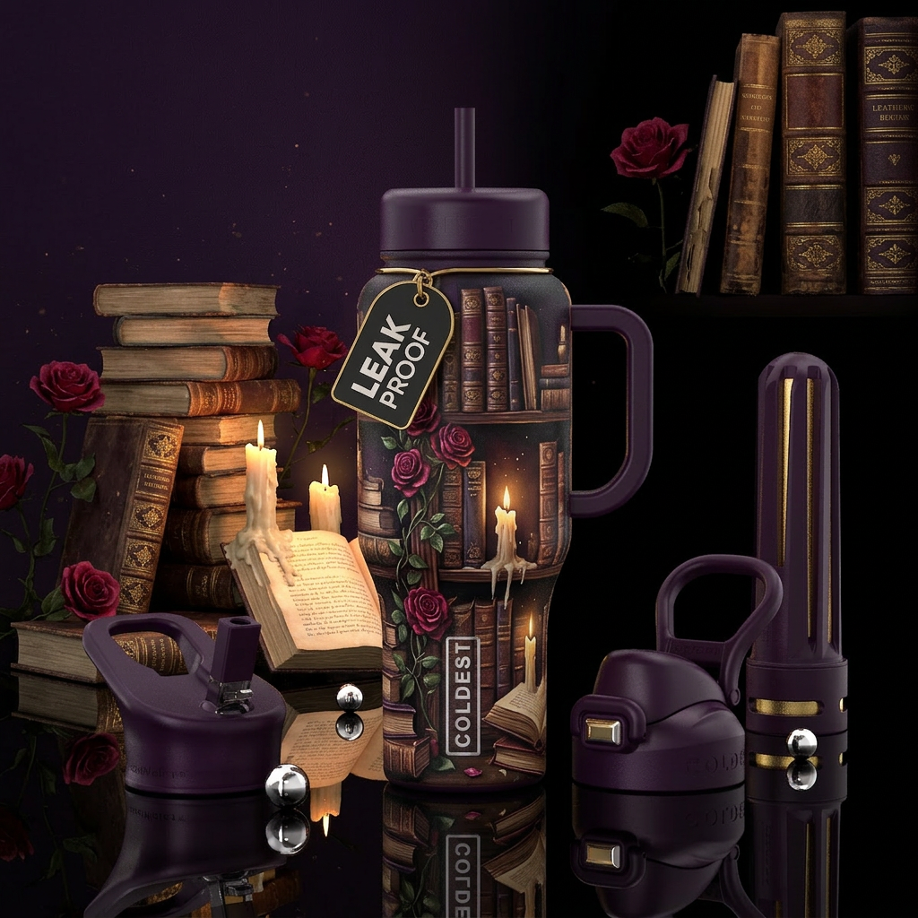 An enchanted midnight library wrapped around a tum... water bottle design