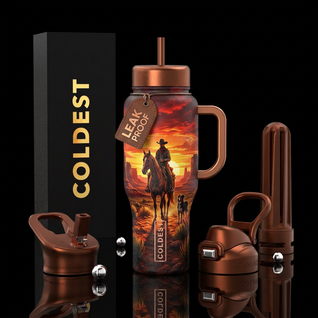 Cowboy riding his beautiful horse in the old west ... water bottle design
