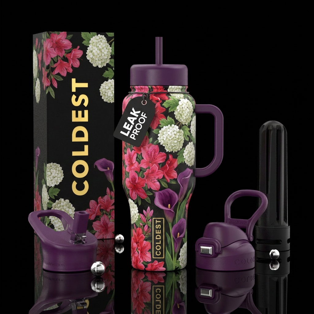 Azaleas and snowball bush and purple caliber lilie... water bottle design