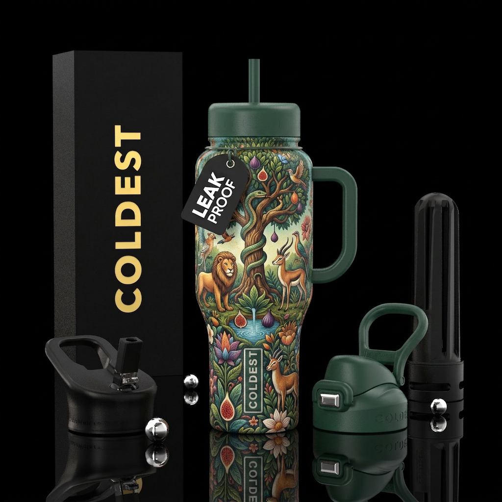 Garden of eden animals , plants , vibrant, texture... water bottle design