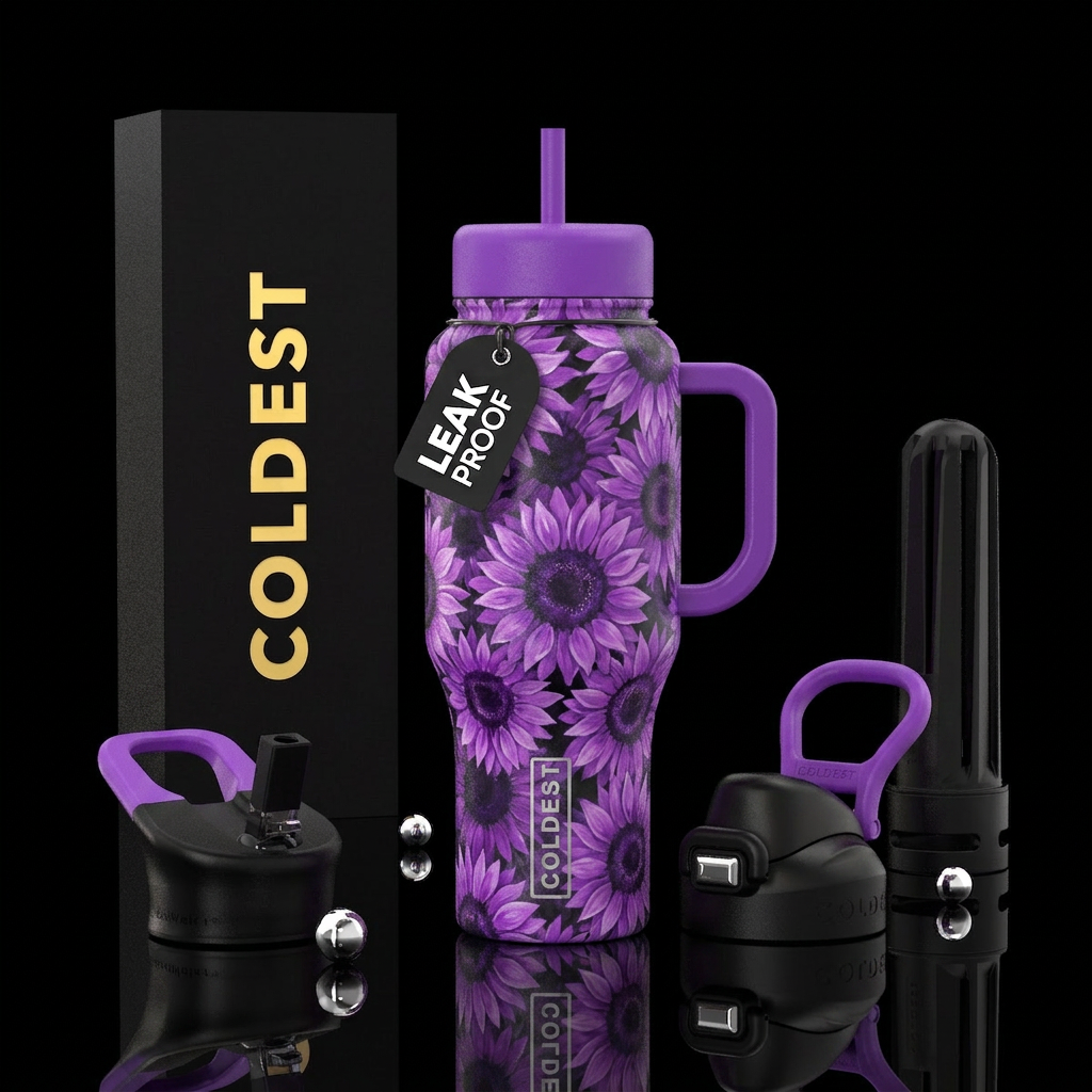 Painted textured purple sunflowers water bottle design