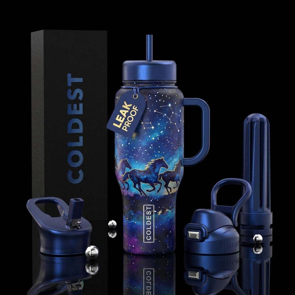 Starry night running horses silhouette water bottle design