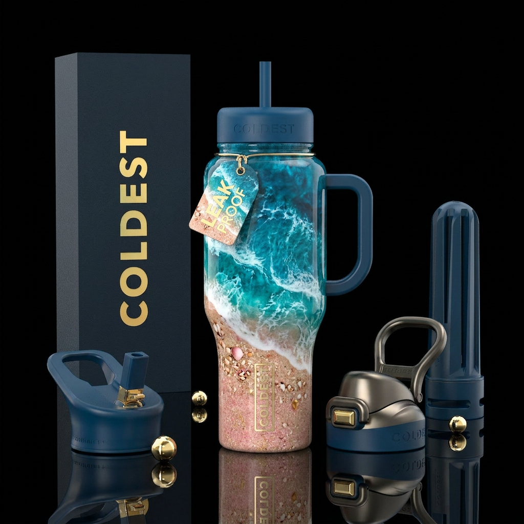 Bahamas sandy beaches resin with seashells and wav... water bottle design