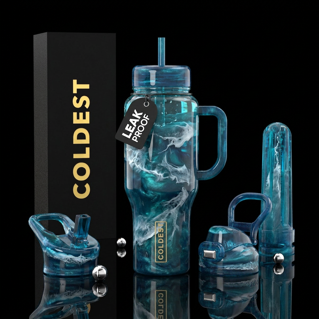 “Hyper-realistic resin tumbler, deep ocean blues a... water bottle design