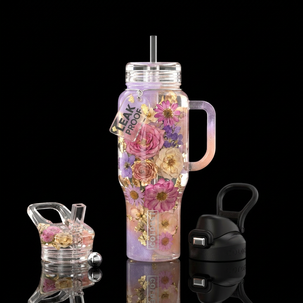 Luxury resin tumbler with floating pressed florals... water bottle design