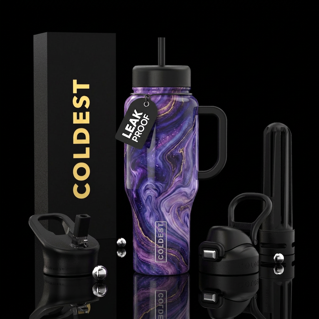 Purple Luna marbled cup water bottle design