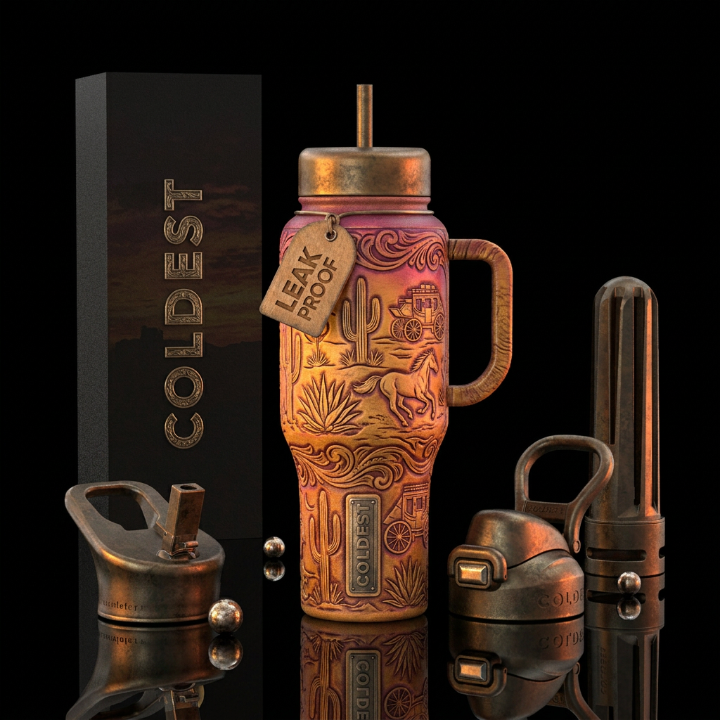 Create me a hyper detailed textured western themed... water bottle design